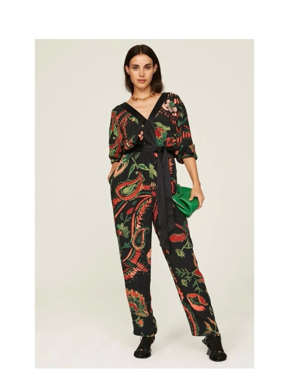 Something Navy Black Paisley Wrap Jumpsuit with Red & Green Print